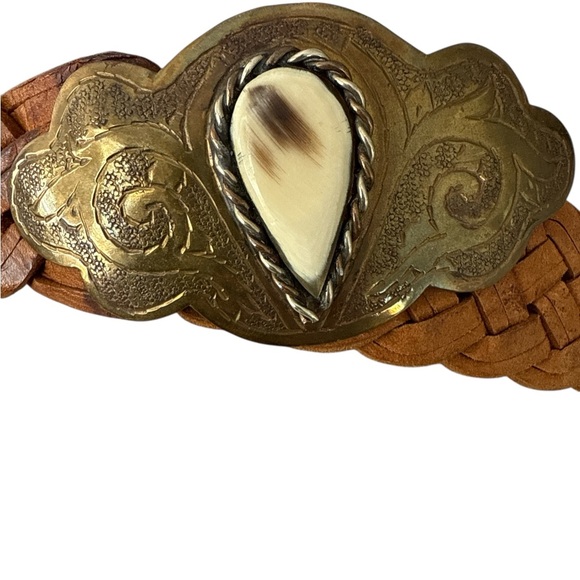 Moroccan Brown Braided Leather Belt with Brass Buckle - Picture 4 of 5